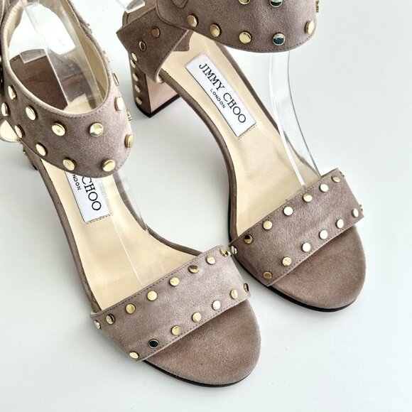 JIMMY CHOO Taupe Suede Studded Ankle Strap Block Heel Sandals Size 38 - Picture 1 of 12